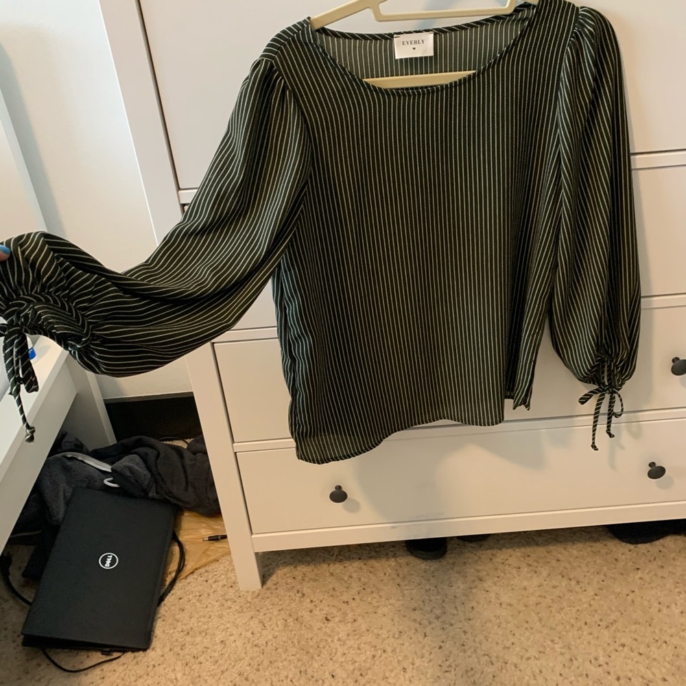 Green and white striped long sleeve blouse